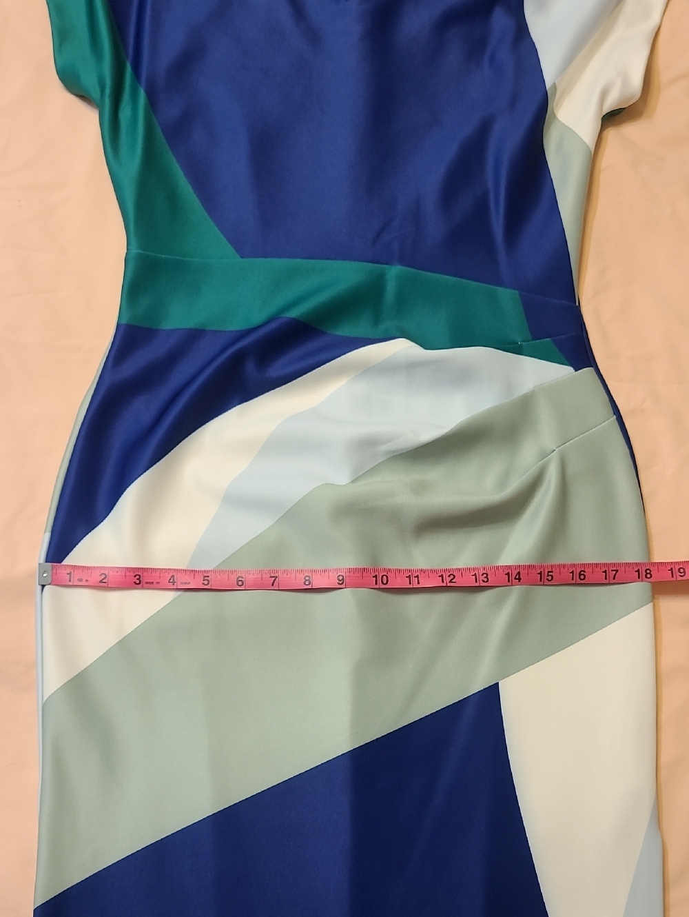 Donna Karan Blue Green Cream Abstract Print Short Sleeve Boat Neck Midi Dress - Picture 16 of 16